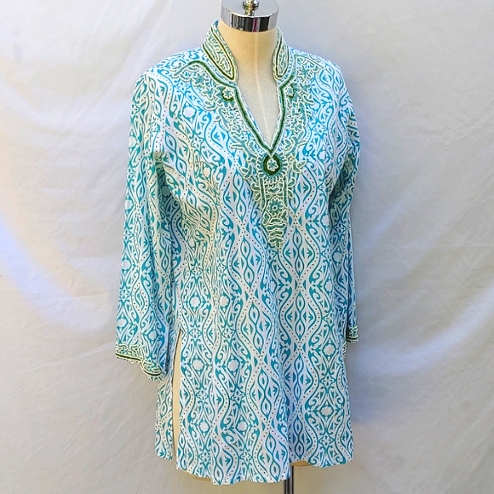 Ladies beachy tunic or cover up, beaded v-neck and sleeve, Sweet Lily, sz S